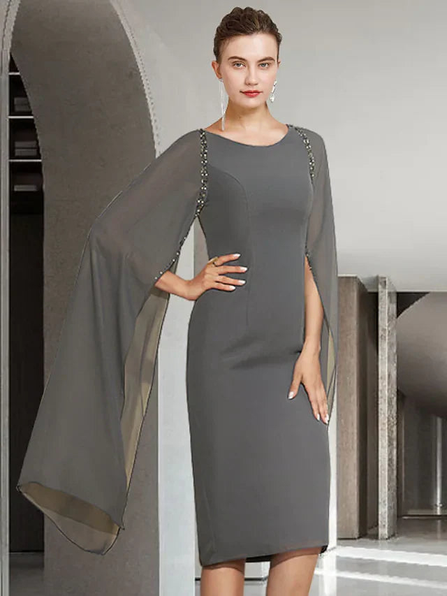Wholesale Mother of the Bride Dress Elegant Jewel Neck Knee Length Chiffon Long Sleeve with Beading